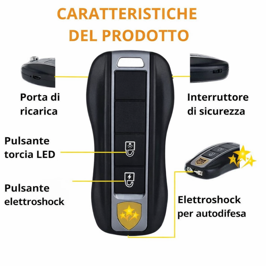 Chiave Anti-Aggressione Elettrica (Torcia, Elettroshock, Allarme)